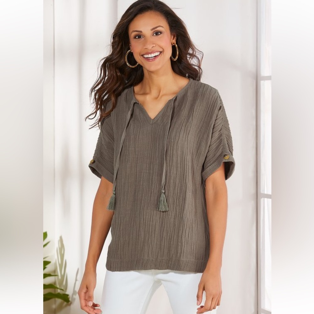 Soft surroundings Lyra top tassels brown crinkle woman’s short sleeve blouse